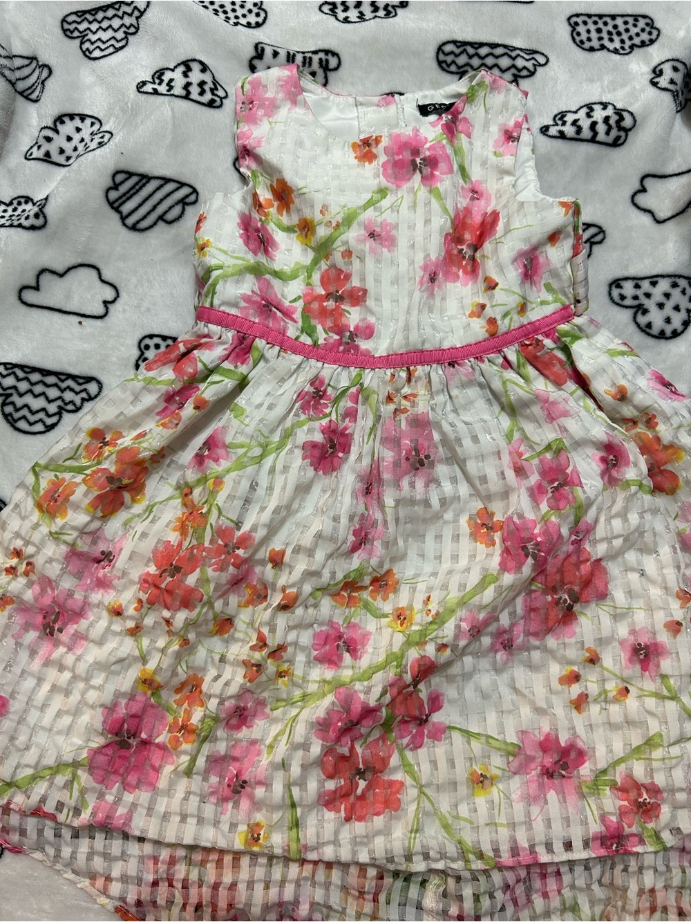 George White Floral Dress with Pink and Green Accents